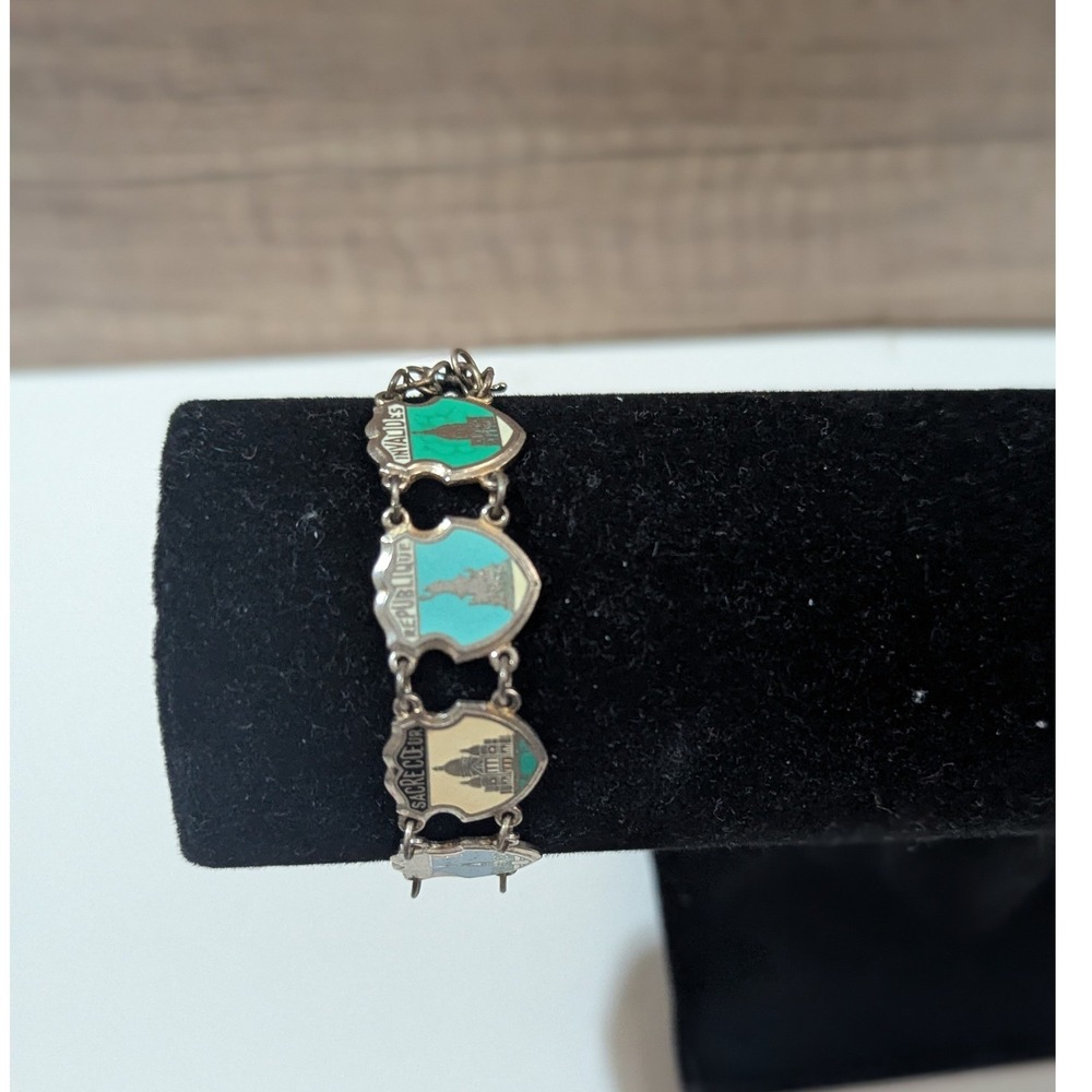 Vintage Paris France Souvenir Enamel Shield Charm Bracelet Eiffel Tower 7 Inch